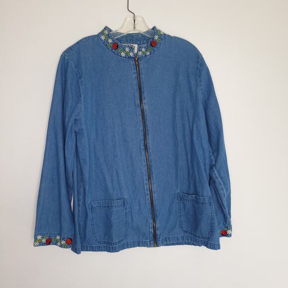 Country Store Denim Jacket Ladybug Floral Embroidery Zip Front Women Large - Picture 8 of 10